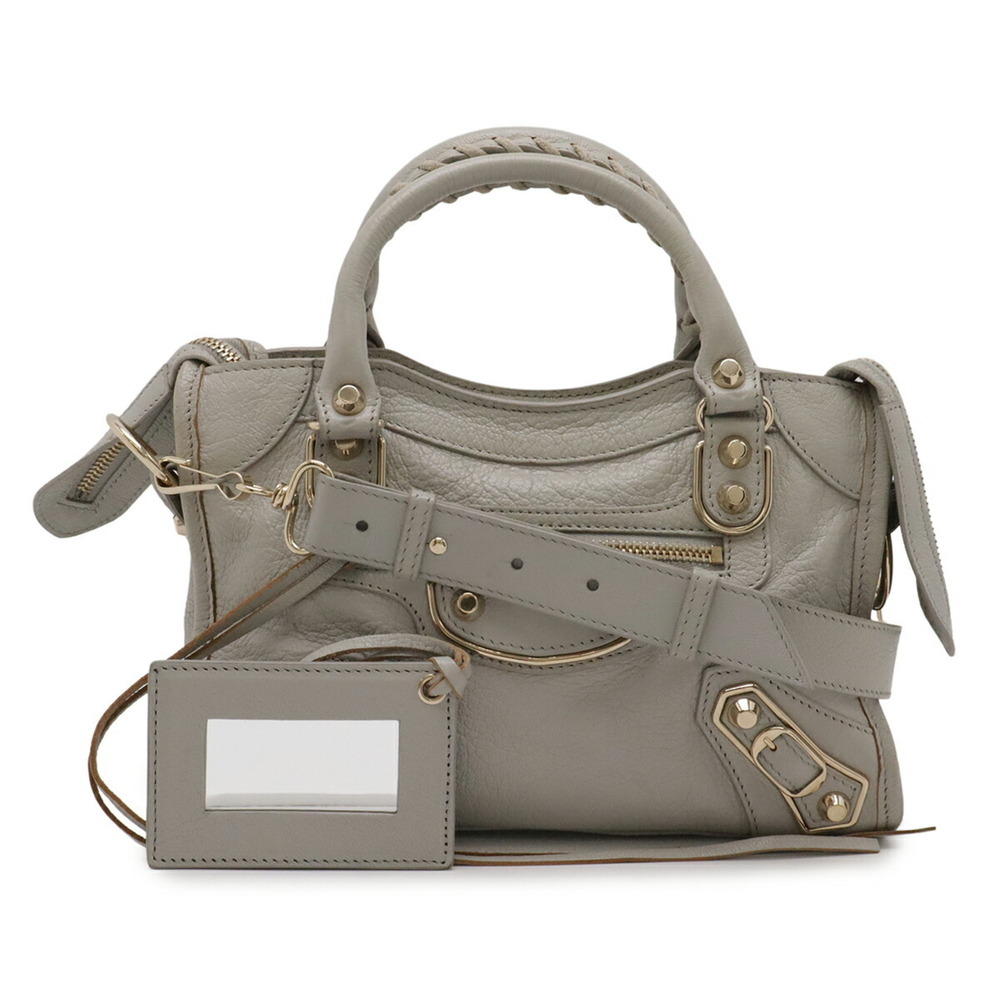 BALENCIAGA Classic Mini City Handbag Shoulder Bag Leather Light Gray 300295